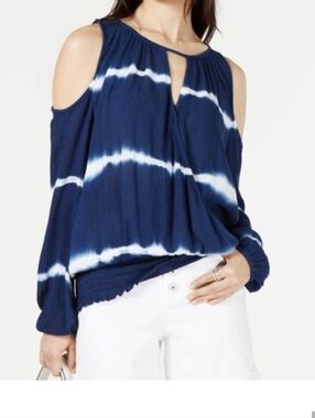 INC International Concepts Navy and White Tie-Dye Cold-Shoulder Blouse